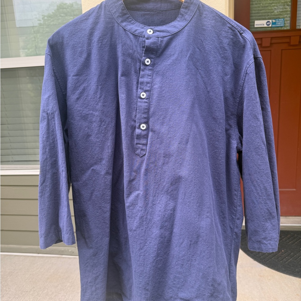 Men's Blue Henley Linen Blend 3/4 Sleeve Shirt